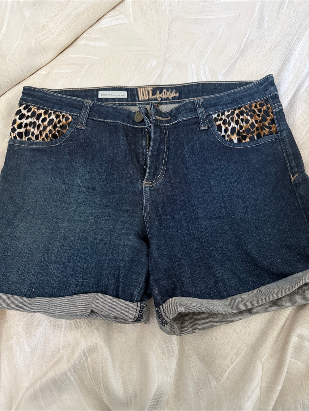 Kut from the Kloth Dark Blue Denim Shorts with Leopard Pocket Trim